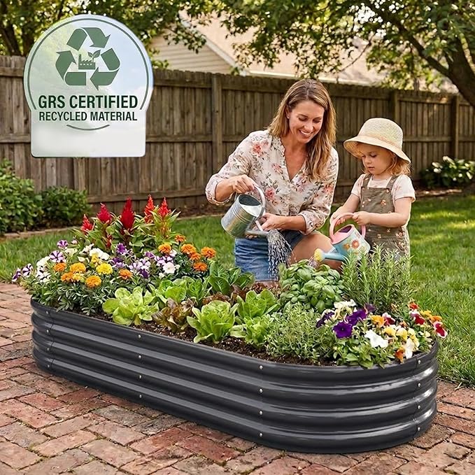 Rakukiri Raised Garden Bed GRS Certified Galvanized Planter Box Outdoor, 5ft Oval Rot-Resistant Metal Garden Bed Planter, Recycled Material Planter for Vegetables Flowers Herbs (Grey)