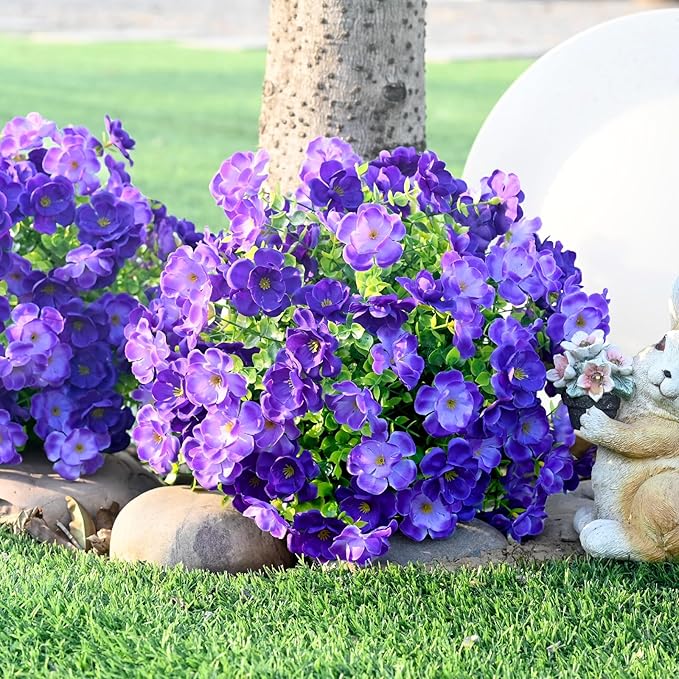 Waipfaru Set of 2 Artificial Boxwood Topiary with Colorful Flowers, 23" UV Resistant Fake Bushes Faux Outdoor Plants, Artificial Shrubs with Ground Spike for Outdoor Garden Front Porch(Purple)