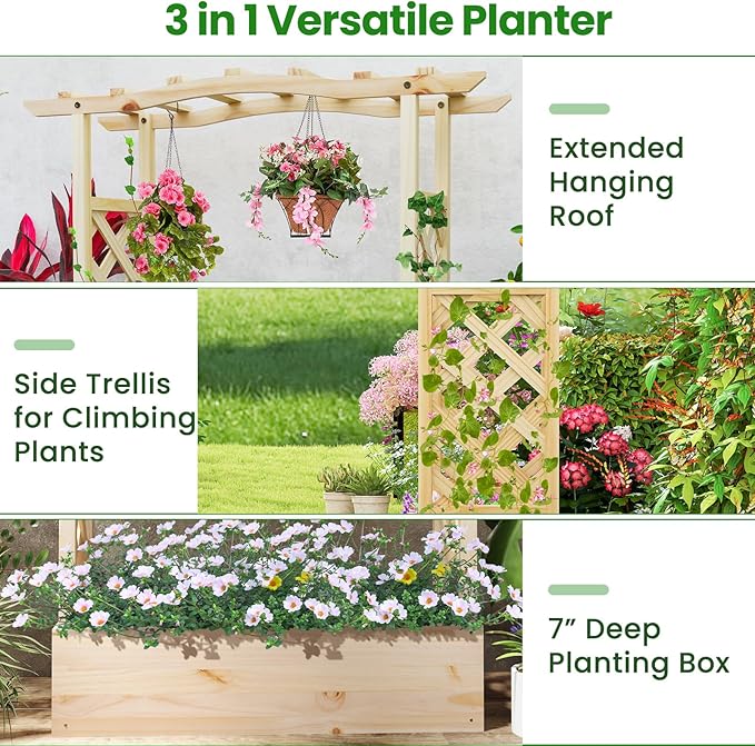 Giantex Set of 2 Raised Garden Bed with Sided Trellis & Hanging Roof, Wood Planter Box, Freestanding Garden Planter Raised Bed for Flowers Herbs Climbing Vines 44”x14”x45” (L x W x H)