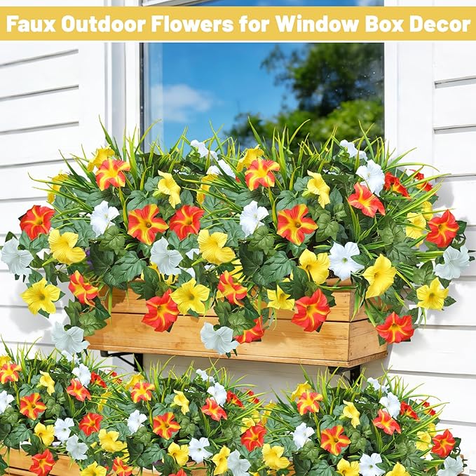 Artificial Flowers Plants for Outdoors, 6PCS UV Resistant Faux Flowers Outdoor Plants, Fake Petunias Silk Flowers for Garden Balcony Yard Porch Decor (Yellow Orange White)