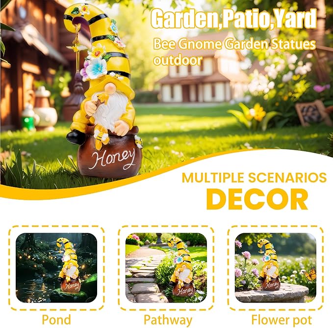 twinbling Birthday Gifts from Daughter Son - 13" Garden Solar Spring Gnomes Statues Outdoor Spring Decor with LED Lighted Bee and Flowers Funny Garden Sculpture for Patio Yard Lawn Decorations Gifts