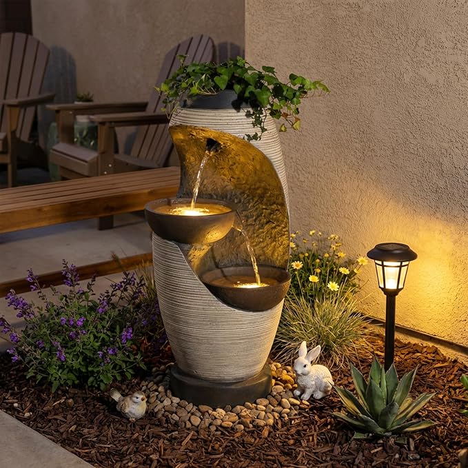 Bumilgar 2-Tier Bowl Water Fountain with LED Lights, 27.95" Tall Freestanding Outdoor & Indoor Garden Waterfall Fountain for Yard, Patio, Backyard, Floor Standing Home Decor