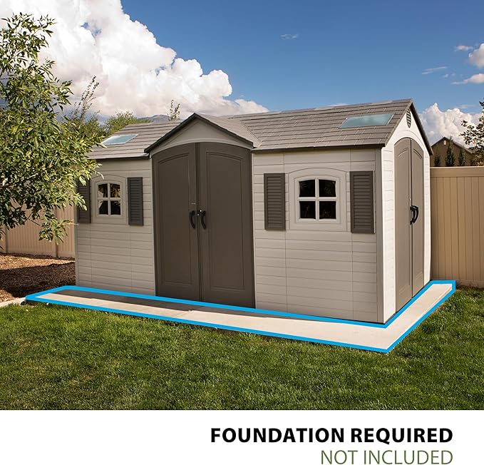 Lifetime 15×8 Ft Dual‑Entry Outdoor Storage Shed, Steel‑Reinforced, UV‑Protected, Weather‑Resistant Backyard Garden Shed with Skylights, Windows & Shelving, Desert Sand