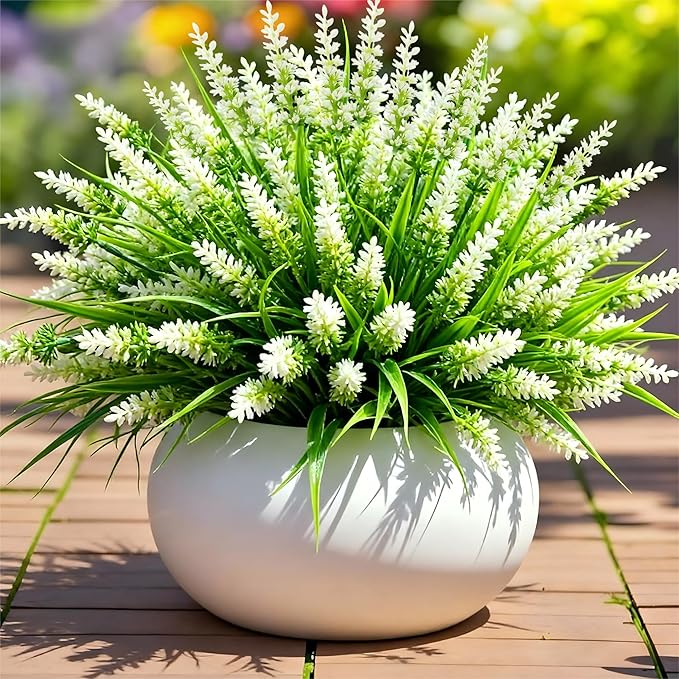 Geegoods Artificial Plants Flowers Outdoor – 24 Bundles UV Resistant Faux Lavender Flowers with Monkey Grass for Garden Porch Window Patio Hanging Planter Decor
