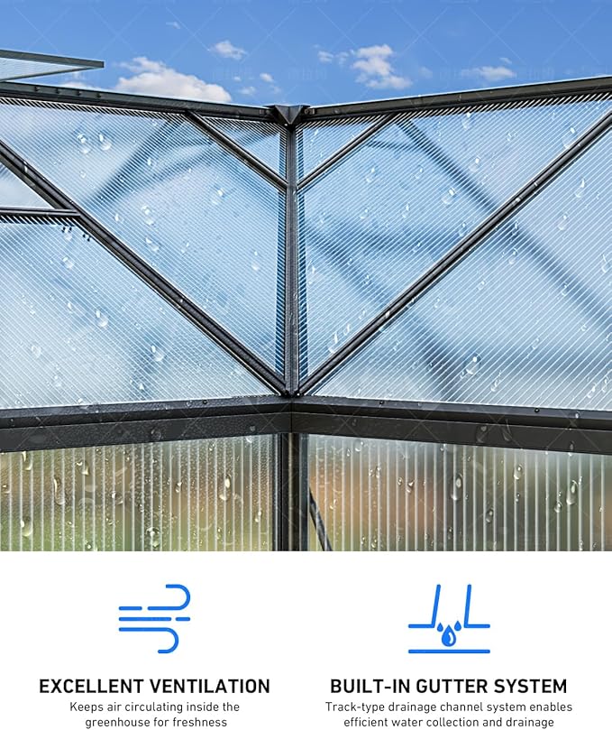12x12 FT T-Shape Greenhouses, Polycarbonate Green House with UV Protection, Heavy Duty Greenhouse with Windproof Aluminum Frame, Roof Vent & Quick-Install Design for Backyard or Garden Use