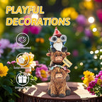 Garden Gnomes Outdoor Statue: 11'' Highland Cow Decor with Welcome Sign Funny Triple Yard Decorations with Solar Light Unique Birthday Gifts for Women Mother Grandma