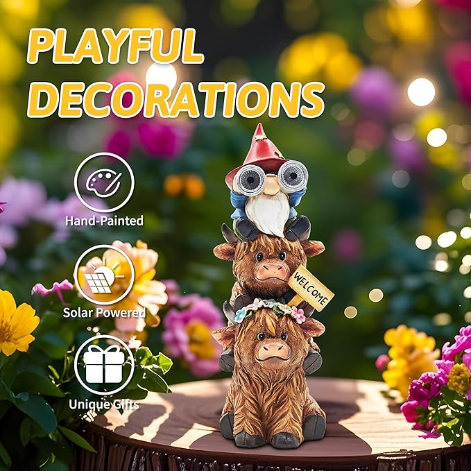 Garden Gnomes Outdoor Statue: 11'' Highland Cow Decor with Welcome Sign Funny Triple Yard Decorations with Solar Light Unique Birthday Gifts for Women Mother Grandma