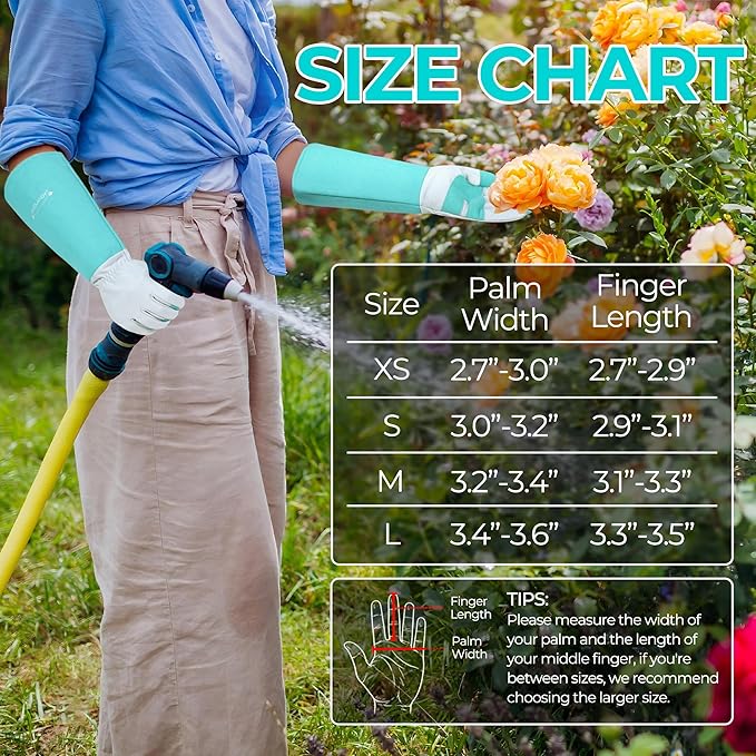 HANDLANDY Long Gardening Gloves for Men & Women, Thorn Proof Rose Pruning Gloves Leather Gauntlets Garden Glove Yard Work Glove (Teal Green, Small)