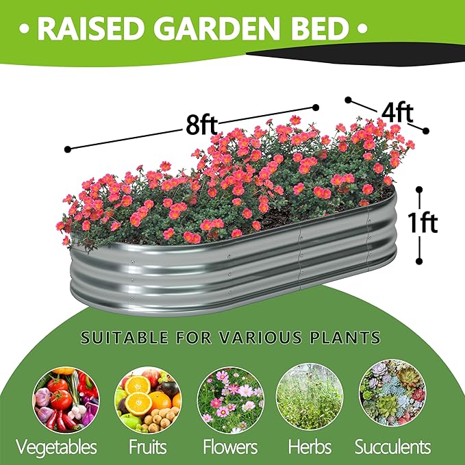 Foxlang 8x4x1ft(2 Pack) Galvanized Oval Raised Garden Bed,Outdoor Planter Box Metal Patio Kit Planting Bed for Vegetables Flowers Herb,Silver