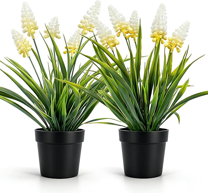 MONOID 2 Pack Artificial Hyacinth Plants - Realistic Fake Muscari Flowers in Black Pots, Small Desktop Decor Set for Home Office Bathroom, No Water Needed, White