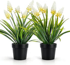 MONOID 2 Pack Artificial Hyacinth Plants - Realistic Fake Muscari Flowers in Black Pots, Small Desktop Decor Set for Home Office Bathroom, No Water Needed, White