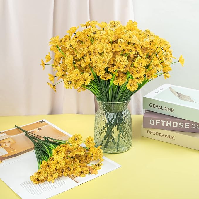 Ouddy Decor 24 Bundles Artificial Flowers for Decorations Fake Silk Plants for Outdoor Indoor UV Resistant Faux Plastic Greenery Stems for Window Garden Porch Home Spring Summer Decoration, Yellow