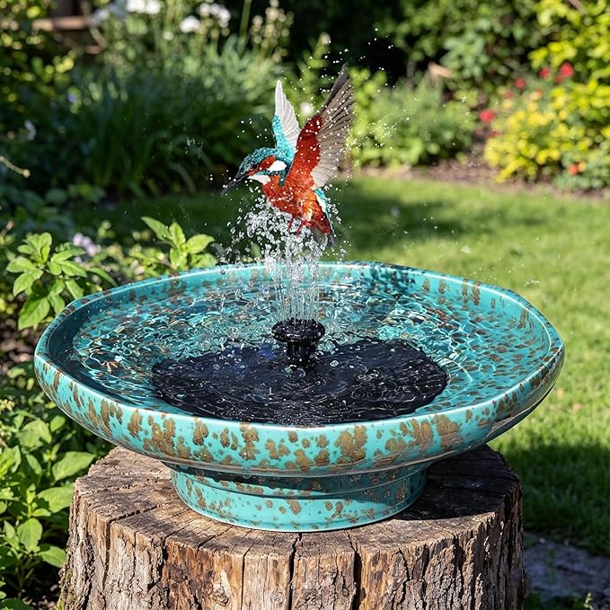 Solar Fountain Ceramic Bird Bath,Bird Bath for Outside,Outdoor Fountain BirdBaths,Garden and Home Décor.
