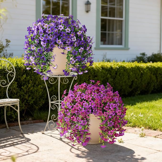Artificial Hanging Baskets Outdoor, 4 Bundles Artificial Hanging Flowers Outdoors Spring Summer Decoration, No Fade Realistic Fake Hanging Baskets for Porch Patio Balcony Home Yard Decor