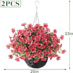Artificial Flower & Eucalyptus with Hanging Basket - 2PCS Faux UV Sun Resistant Morning Glory in Planter, Fake Colorful Silk Flowers for Spring Summer Porch Patio Balcony Yard Decor (Rose Red)