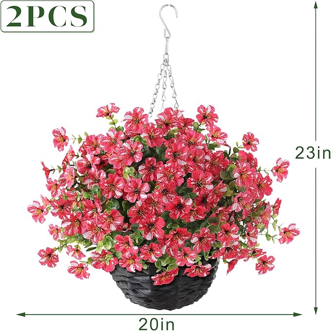 Artificial Flower & Eucalyptus with Hanging Basket - 2PCS Faux UV Sun Resistant Morning Glory in Planter, Fake Colorful Silk Flowers for Spring Summer Porch Patio Balcony Yard Decor (Rose Red)