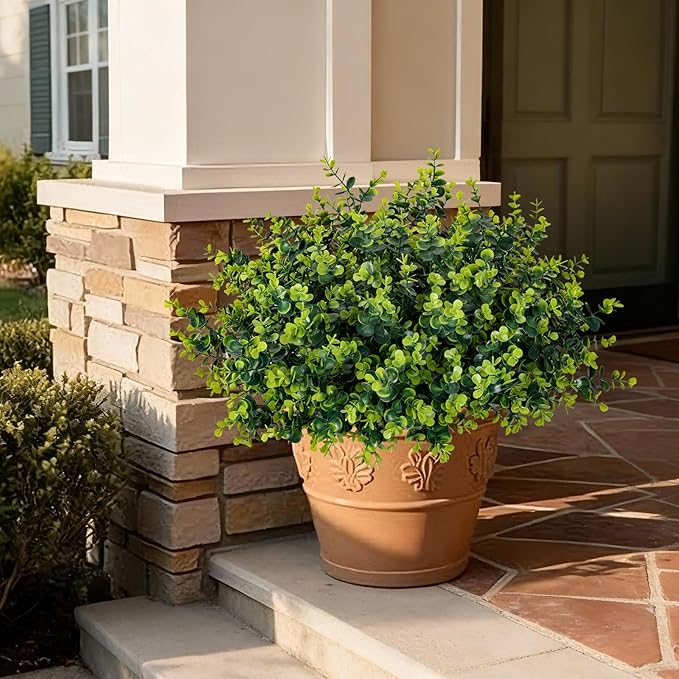 17 Inch Artificial Plants Outdoor Faux Shrubs Eucalyptus Boxwood Grass UV Resistant Fake Plant Greenery Decor for Indoor Window Garden Patio Pathway Front Porch Home Decor（24 Bundles,Green）