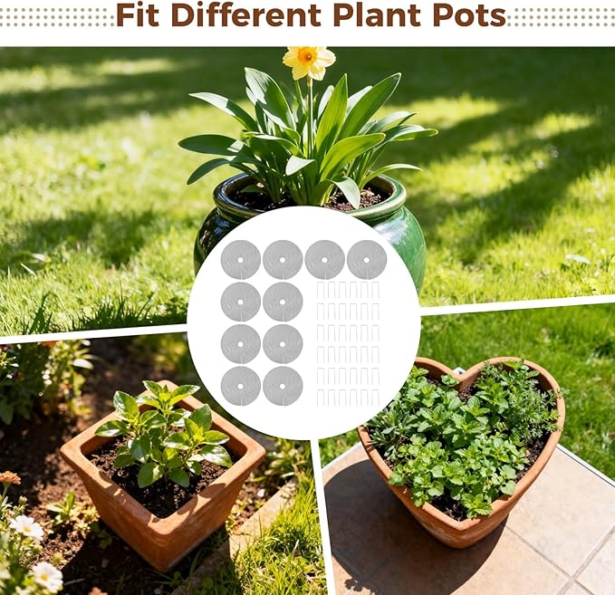 10 Pcs 15.75" Plant Pot Grids, Flower Pot Soil Protector Covers, Black Plant Mesh Nets for Pet Protection, Cuttable Digging Stoppers with Metal Securing Stakes