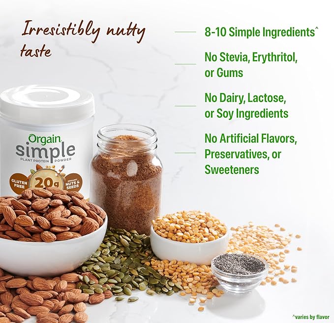 Orgain Organic Simple Vegan Protein Powder, Peanut Butter - 20g Plant Based Protein, With less Ingredients, No Artificial Sweeteners, Gluten Free, No Dairy or Lactose, 1.25 lb (Packaging May Vary)