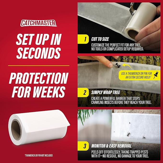 Catchmaster Tree Shield Lantern Fly & Ant Traps Insect Barrier, 4 Rolls 30ft Each, Outdoor Adhesive Crawling Insect Trap to Protect Trees, Fruit & Plants, Pest Control Lawn & Garden