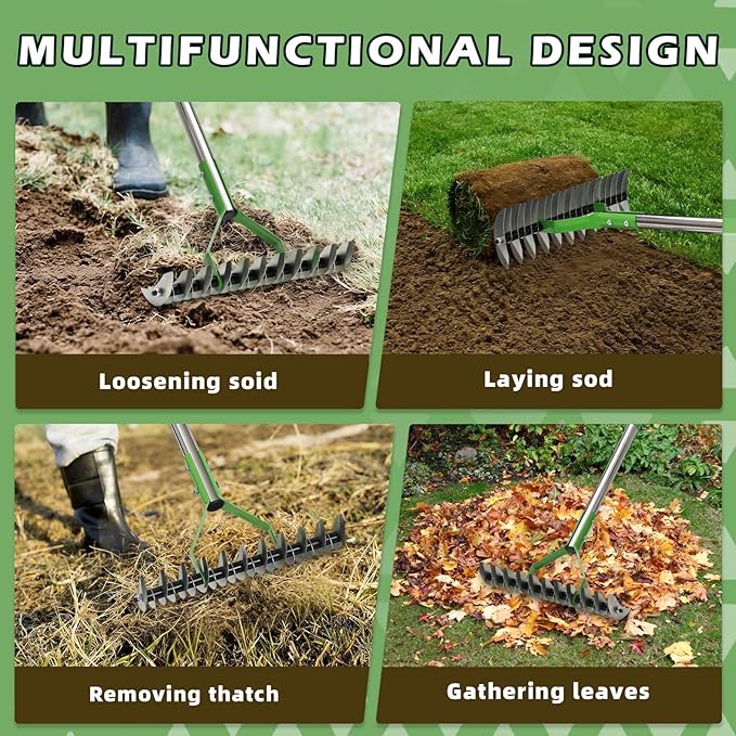 Dual-Action Dethatcher Rake - 21-Tine, Adjustable Long-Handle Landscaping Rake with 55", Heavy Duty Thatch Rake,Turf Rake for Artificial Grass, Metal Rake for Spring Lawn Care, Soil Aeration