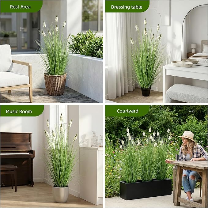 Artificial Plants Indoor Tall Grass Plants with Hyacinth Flower 47.2In Tall Artificial Ornamental Grass Green Onions Outdoor Fake Plants with Black Pot Home Office Decorative (1 Pack,White)