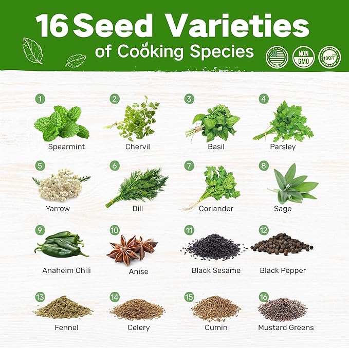 LUSH&DEW Culinary Herbs Kitchen Garden Seed Bank, Gardening Gifts for Women Men, 16 Varieties Non-GMO Heirloom Seeds for Planting Herb in Raised Garden Beds Windowsill, Survival Kit for Cooking Spices