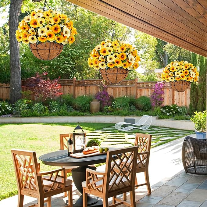 Ouddy Decor Artificial Hanging Flowers with Basket, Fake Silk Hanging Flowers in Coconut Lining Basket Faux Hanging Plants for Outdoor Indoor Spring Garden Porch Home Decor, Yellow
