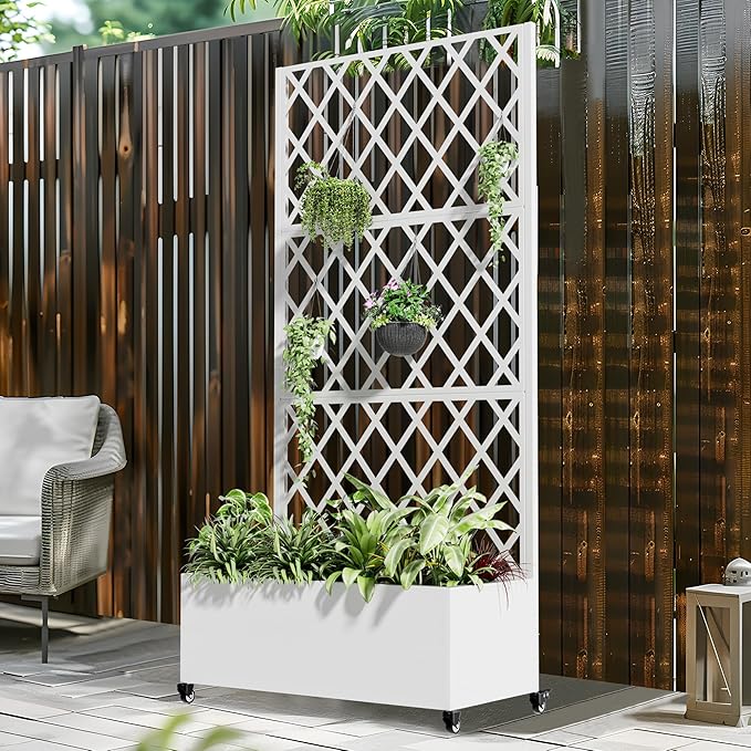 Casaphoria Metal Raised Garden Bed with Trellis and Wheels, 72"x35"x16" Planter Box for Climbing Plants, Vegetables & Vines, Features Drainage Holes and Privacy Screen, White-Rhombus