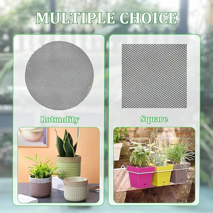 60 Pcs 4 inch Round&Square Flower Pot Hole Mesh Pad Plant Drainage Screens Gasket Bonsai Pot Bottom Grid Mat Mesh for Bottom of Planters Stop Soil from Falling Out