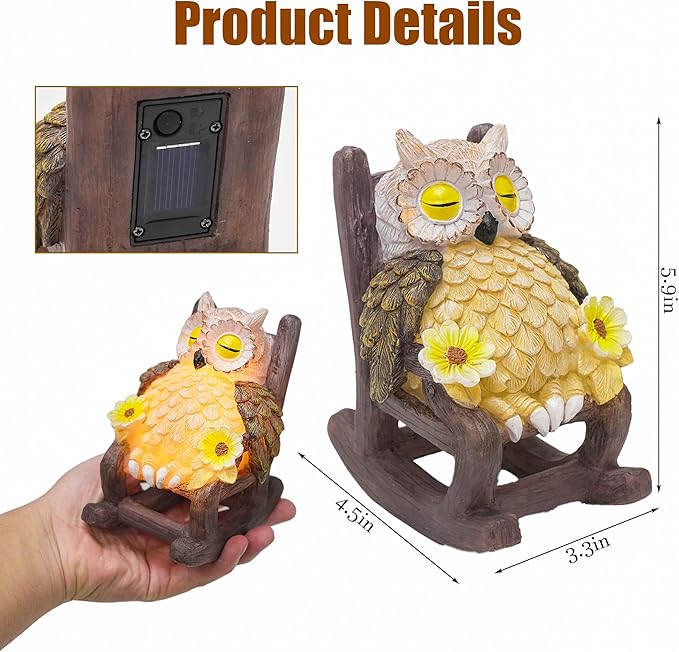 LIULO TOOL Garden Gift for Mom Grandma, LED Solar Owl on Chair Patio Sculpture, Cute Outdoor Fairy Garden Housewarming Decor Figurine 6x4.5x3.3 in