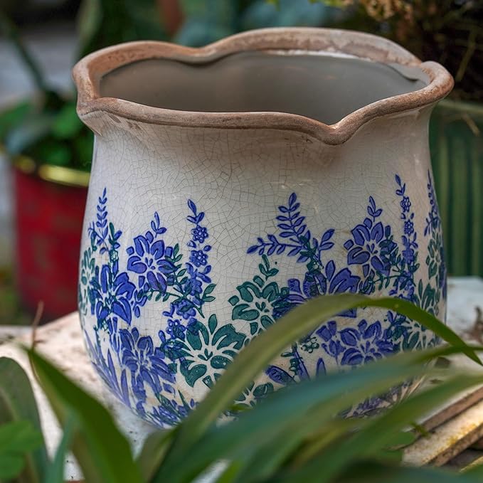 Dosayes Rustic Ceramic Planter, 6 Inch Tuscan Vintage Flower Pot with Drainage, Farmhouse Garden Pot for Indoor Plants, Kitchen & Garden Tuscan Decor, Plant Lover Gift (Cyan)