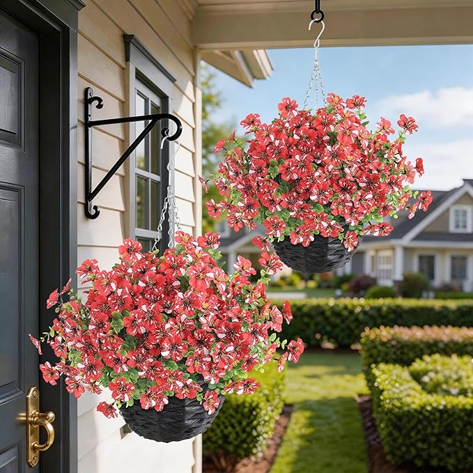 GLIDLION Artificial Flower & Eucalyptus with Hanging Basket - 2PCS Faux UV Sun Resistant Morning Glory in Planter, Fake Colorful Silk Flowers for Spring Summer Porch Patio Balcony Yard Decor (Red)
