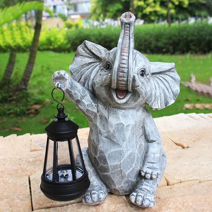 Garden Statues Elephant Solar Figurine Decor Outdoor Waterproof Lights, Yard Decorations, Garden Decor Unique Birthday Housewarming Gifts for Mom (Elephant 2)