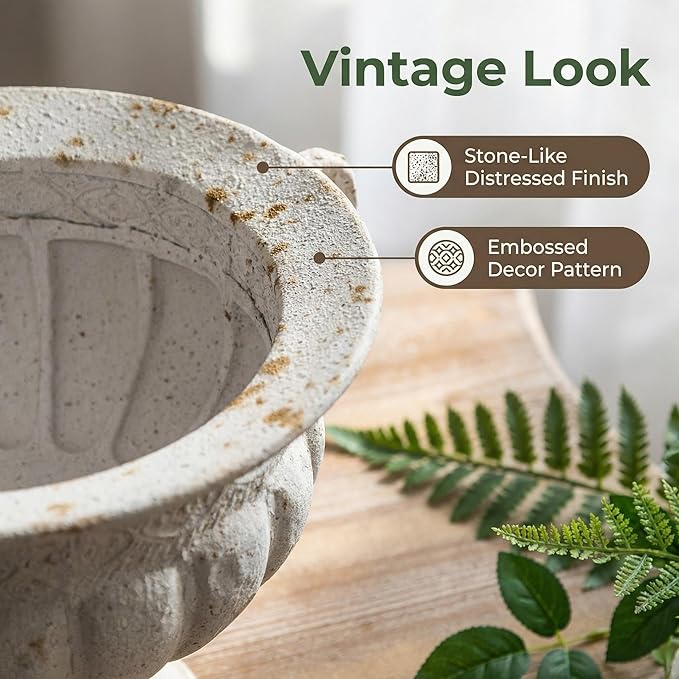 Vintage Urn Planter with Embossed Pattern, Decorative Flower Pot, Classic Round Plant Pot, European Shabby Chic Centerpiece for Mantel, Table, Entryway or Living Room Decor（13.6 * 11.9 * 8.5 in）