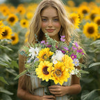 Sunflower Fake Flowers in Vase, Sunflowers Lavender Artificial Flowers with Vase for Table Centerpieces, Silk Flower Bouquet Faux Floral Arrangements Kitchen Farmhouse Cemetery Gravesites Decor
