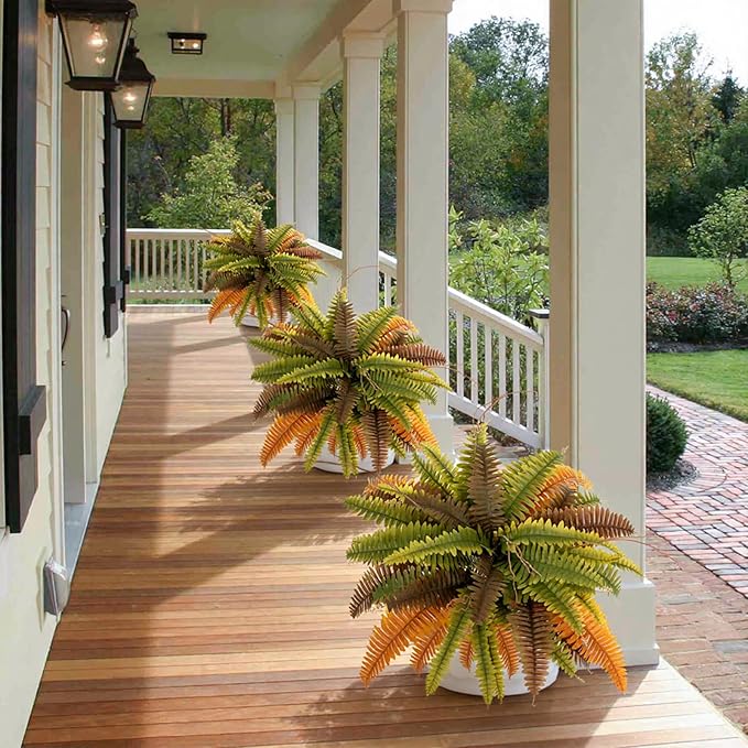 35” Artificial Boston Fern Bush Plant, 2 Faux Ferns for Outdoors Large, Fake Ferns Realistic Artificial Plants with 39 Fronds for Garden Porch Patio Home Office Living Room Decor Yellow