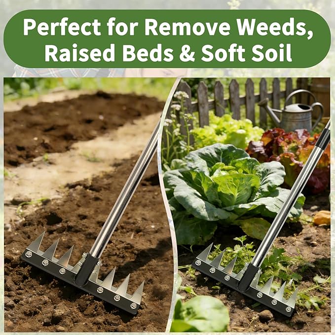 Heavy Duty Iron Weeding Rake, Complete Weed Rake Tool with 4-Section Adjustable Handle(33" to 65"), 8 Tines Thick Steel Weed Puller Tool for Raised Garden Beds, Flower Beds & Soft Soil