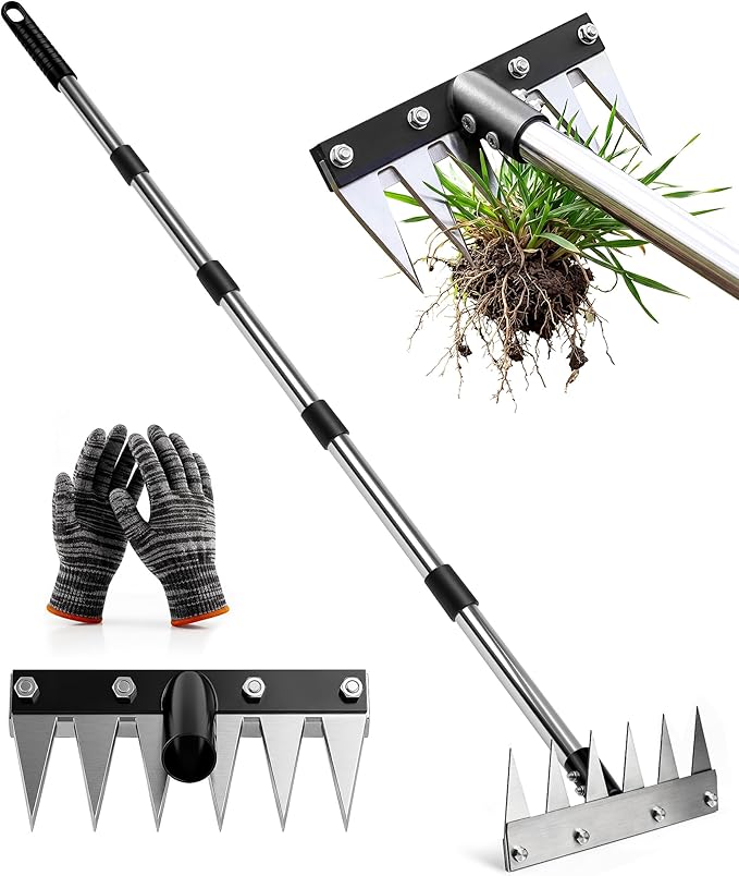 Weed Rake Tool Iron Weed Puller with 71" Adjustable Long Handle, 6 Teeth Garden Weed Remover Tool Heavy Duty Manual Weed Puller with Gloves for Yard, Lawn, Garden