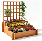 3-Tier Raised Garden Bed with Trellis, 43.3" H Fir Wood Planter Box with Non-Woven Liner, Vertical Climbing Plant Support for Patio Yard, Outdoor Grow Beds for Flowers Herbs Vegetables Fruits