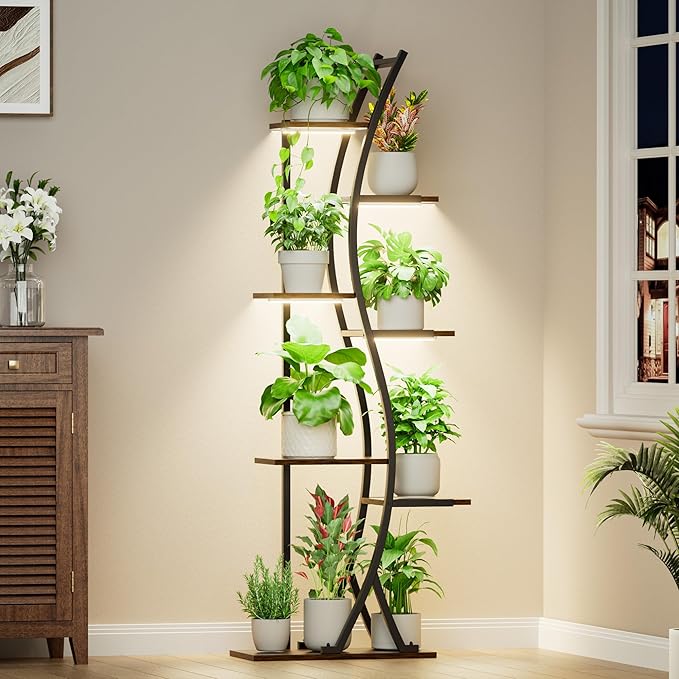62" Plant Stand Indoor with Grow Lights - 7 Tiered Tall Metal Plant Shelf - Corner Wooden Plant Stand for Indoor Plants Multiple, Large S-Shape Flower Rack Holder for Living Room, Garden, Patio Decor