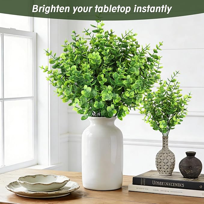 Artificial Greenery Eucalyptus Boxwood, UV Resistant Faux Outdoor Plants for Decoration, Realistic Fake Eucalyptus Leaves for Planter, Front Porch, Patio, Backyard Decor (12pcs)