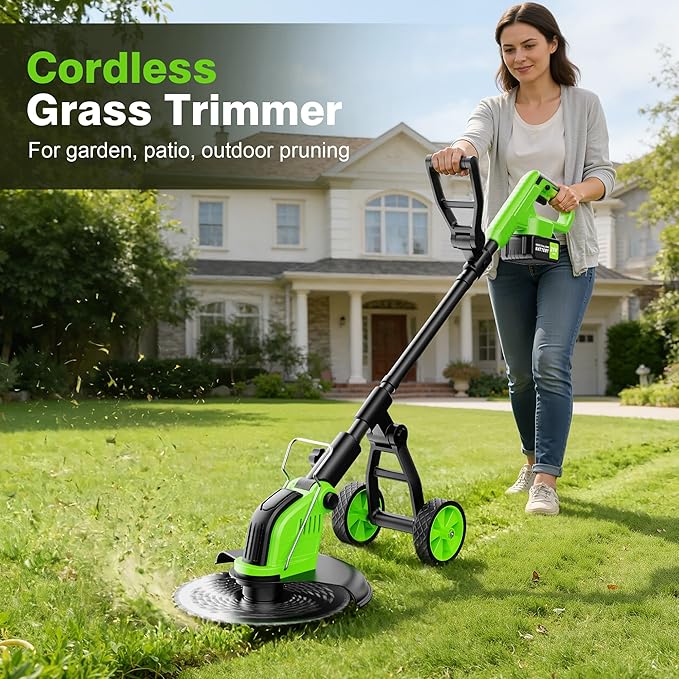 12" Stringless Weed Wacker Cordless Eater, 20000 RPM Powerful Battery Powered Trimmer Edger Lawn Tool, 21V 6000mAh Electric Wheeled Lawn Edger with Blades, Foldable& Lightweight Design Brush Cutter