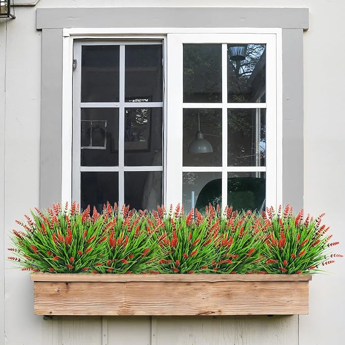 Bassion Artificial Flowers for Outdoors, 24 Bundles Fake Lavender Flowers UV Resistant Red Plastic Plants Faux Monkey Grass for Home Porch Garden Window Box Indoor Outdoor Decorations