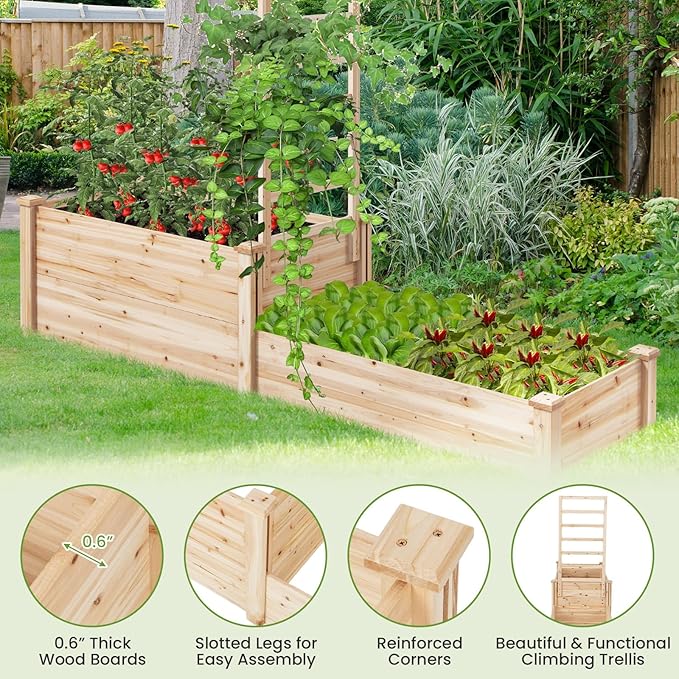 S AFSTAR Raised Garden Bed with Trellis & 2 Planter Boxes, 88" x 25" x 53" Outdoor Wooden Planter Box Kit for Flower Herb Veggies Fruit Climbing Vines, Elevated Gardening Planter for Garden Patio