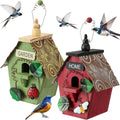 DoubleFill 2 Pcs Birdhouses for Outdoor Hanging Yard Outside Wooden Birdhouse Hand Painted Bird Box for Bird Lovers Bluebird Tree Garden Decor Decorative Birdhouse(Red,Green,Iron Roof)