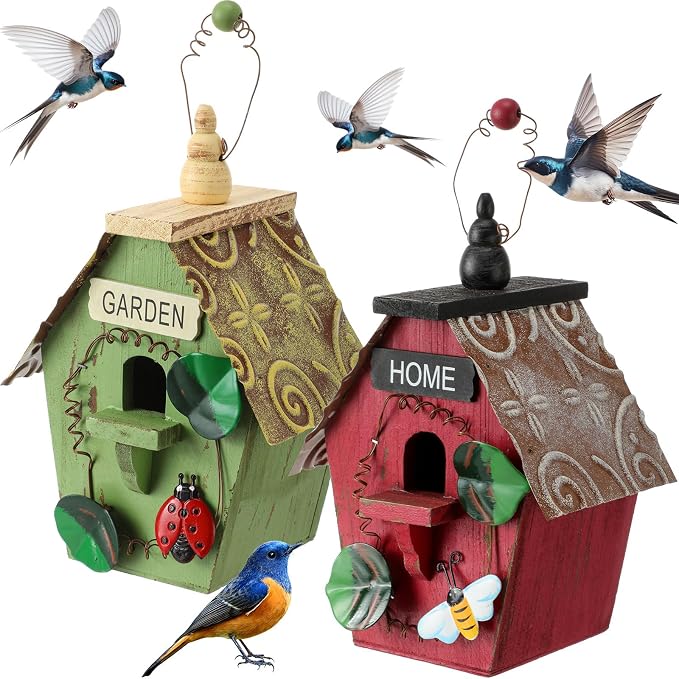 DoubleFill 2 Pcs Birdhouses for Outdoor Hanging Yard Outside Wooden Birdhouse Hand Painted Bird Box for Bird Lovers Bluebird Tree Garden Decor Decorative Birdhouse(Red,Green,Iron Roof)