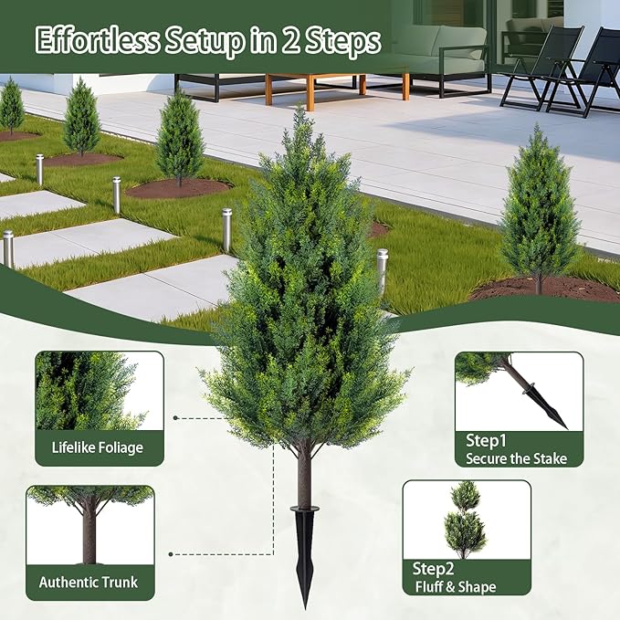 2 Pack 3FT Artificial Cedar Topiary Trees with Ground Spike, Realistic Fake Plants Tree UV Resistant Artificial Plants Indoor Outdoor Faux Plants Evergreen Bushes Shrubs for Porch Garden Office