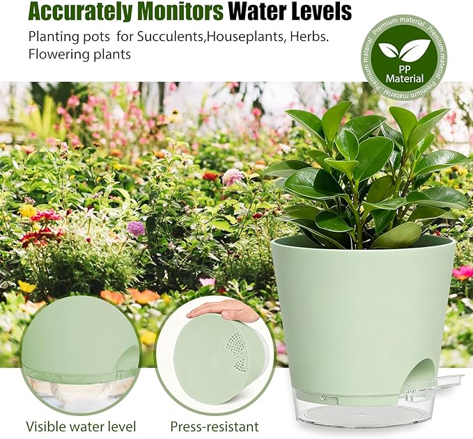 Plant Pots 7 Inch Self Watering Pots, 6 Pack Plastic Planters with Drainage Holes and Clear Saucers,Plastic Flower Pots for Indoor Out Door Plants(Green)