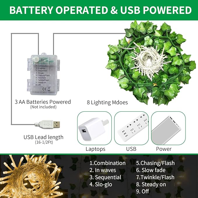 Artificial Vines with LED Fairy Lights, 33ft Green Silk Ivy Garland, 8 Light Modes, Remote Control, Indoor Decor for Bedroom, Living Room, Wedding, Party